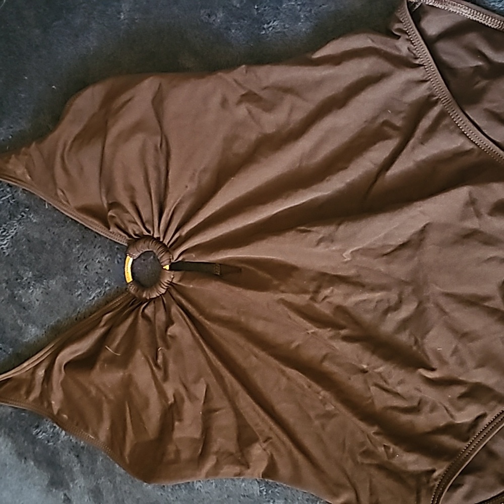 Ralph Lauren one piece swimsuit dark brown w/ gold embellishments sz 10